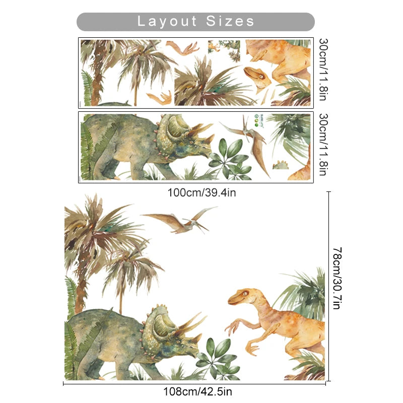 The sheet you receive compared with the design on the wall: Large Watercolour Dinosaur Wall Stickers with Triceratops and Raptor