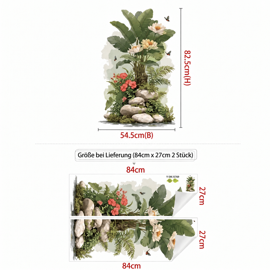 Der gelieferte Bogen im Vergleich zum Motiv an der Wand: Wandtattoo Große Lotusblüten und Farne fürs Wohnzimmer