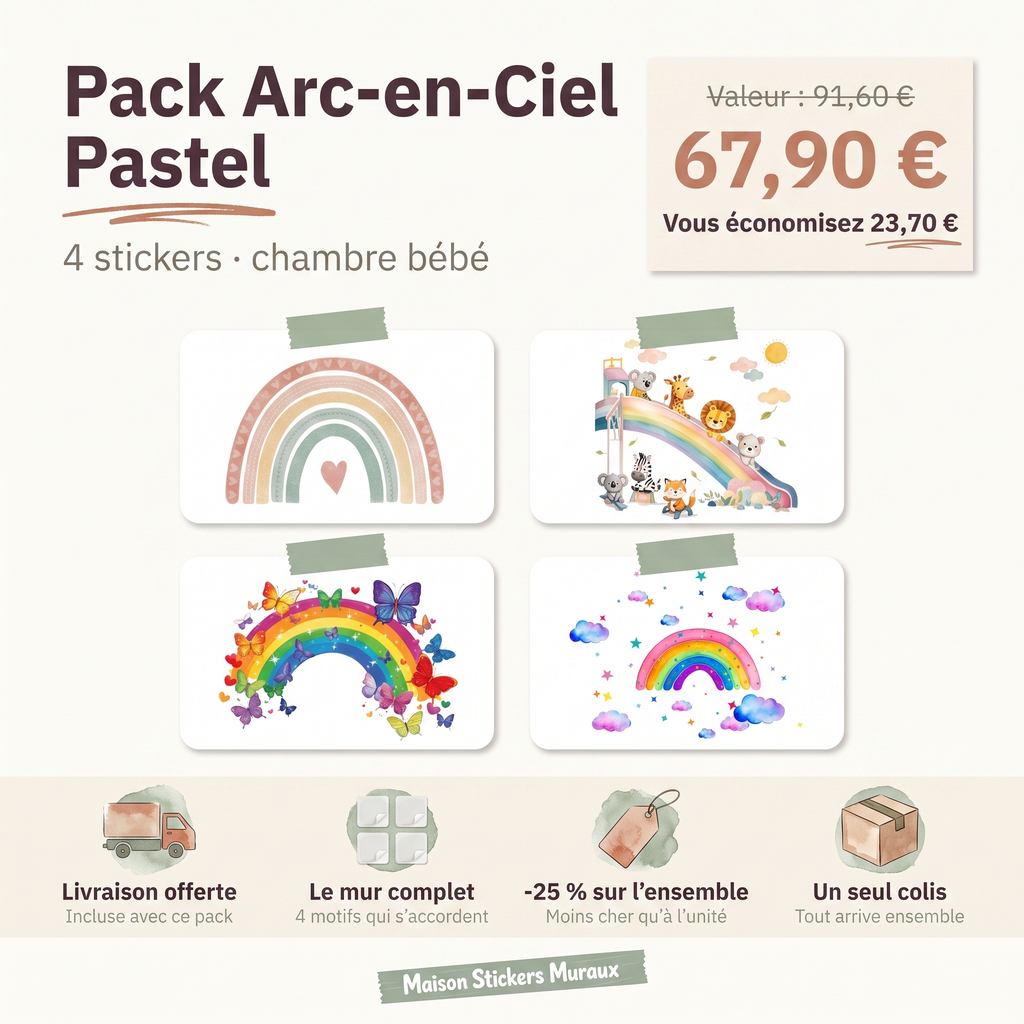 Pack Stickers Muraux Arc-en-Ciel Pastel – Chambre Bébé