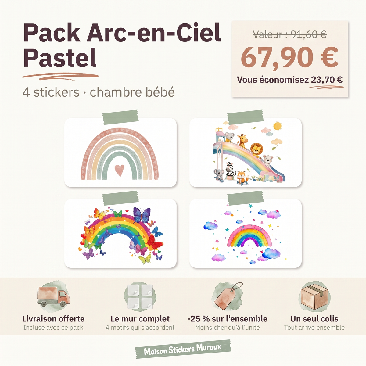 Pack Stickers Muraux Arc-en-Ciel Pastel – Chambre Bébé
