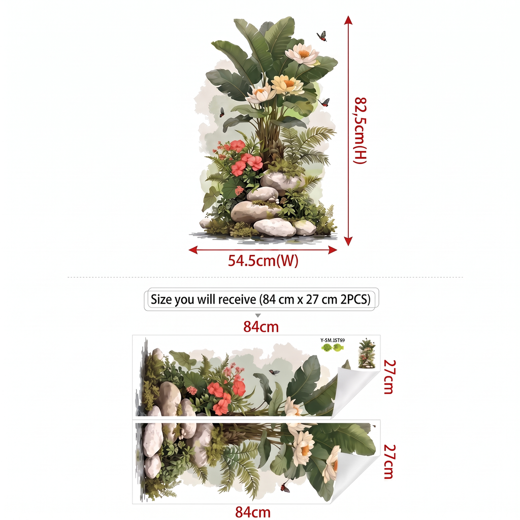 Large Botanical Lotus and Fern Living Room Wall Stickers - dimensions
