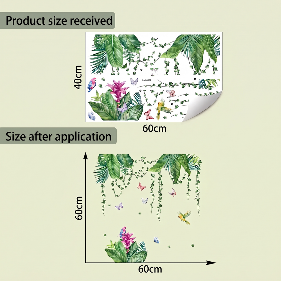 The sheet you receive compared with the design on the wall: Tropical Foliage and Parrots Living Room Wall Stickers