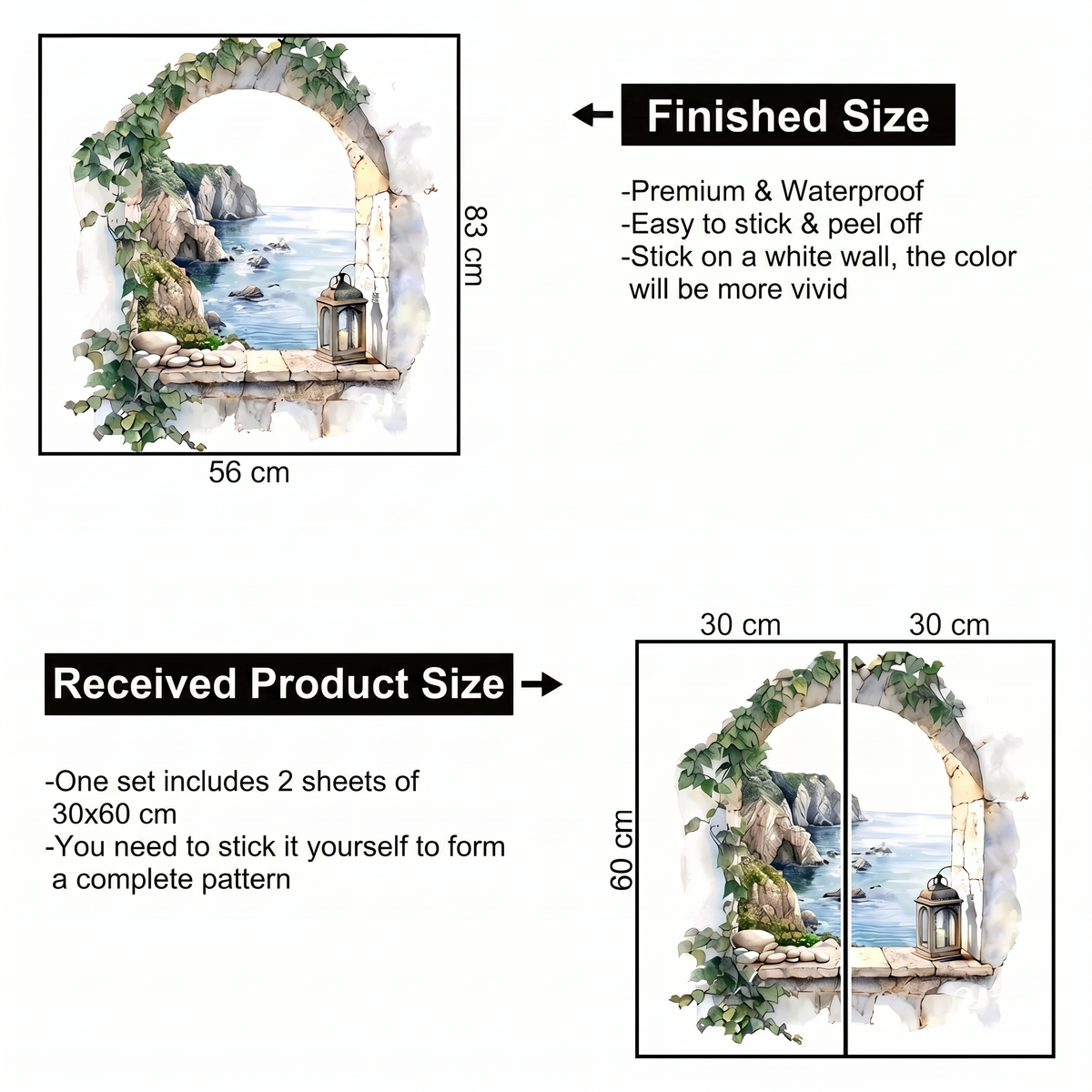 Mediterranean Arch Trompe-l'Oeil Living Room Wall Sticker - dimensions