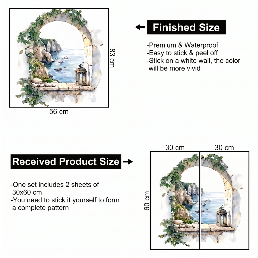 The sheet you receive compared with the design on the wall: Mediterranean Arch Trompe-l'Oeil Living Room Wall Sticker
