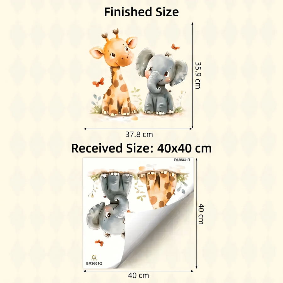 The sheet you receive compared with the design on the wall: Watercolour Giraffe and Elephant Nursery Wall Stickers