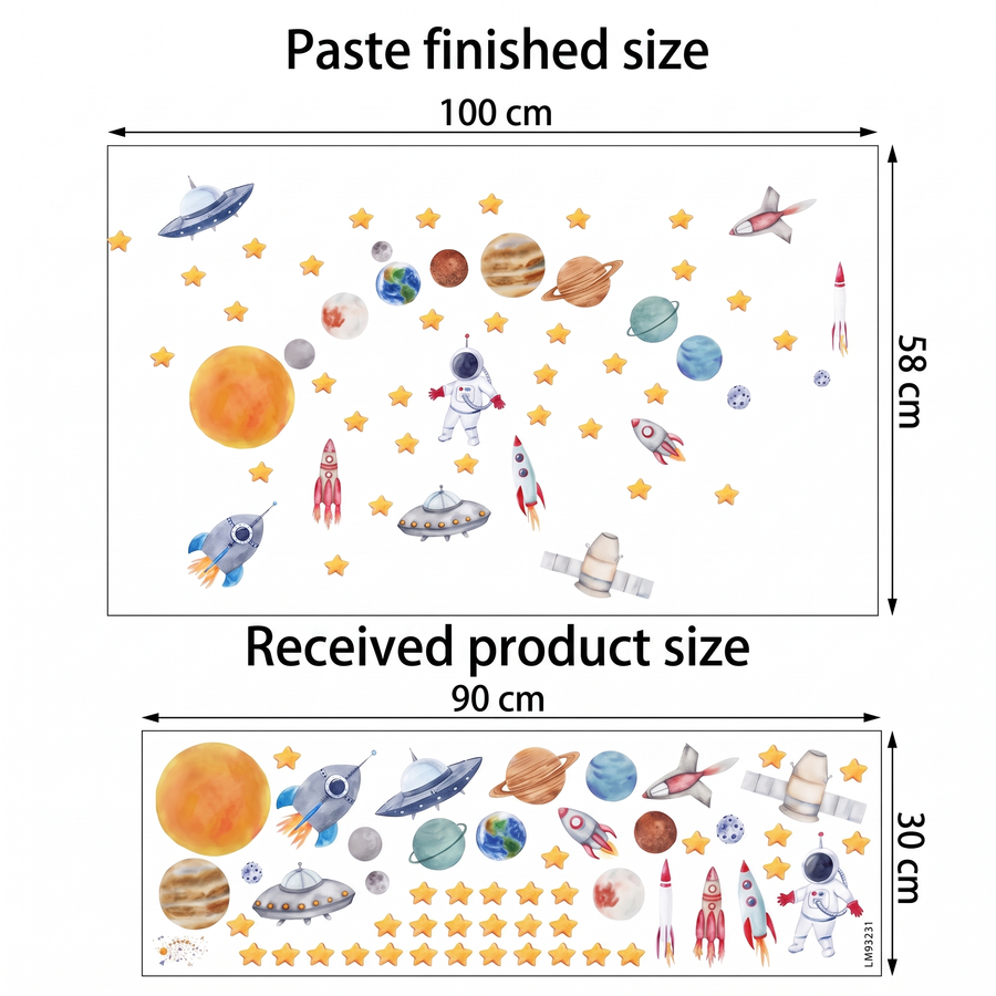 The sheet you receive compared with the design on the wall: Astronaut and Planets Kids' Room Wall Stickers