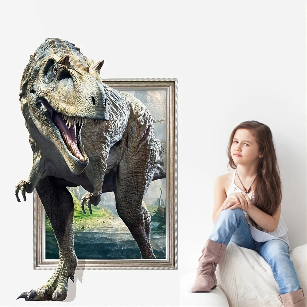 Sticker trompe-l'œil T-Rex qui enjambe un cadre ouvert sur une vallée préhistorique, à côté d'une petite fille assise