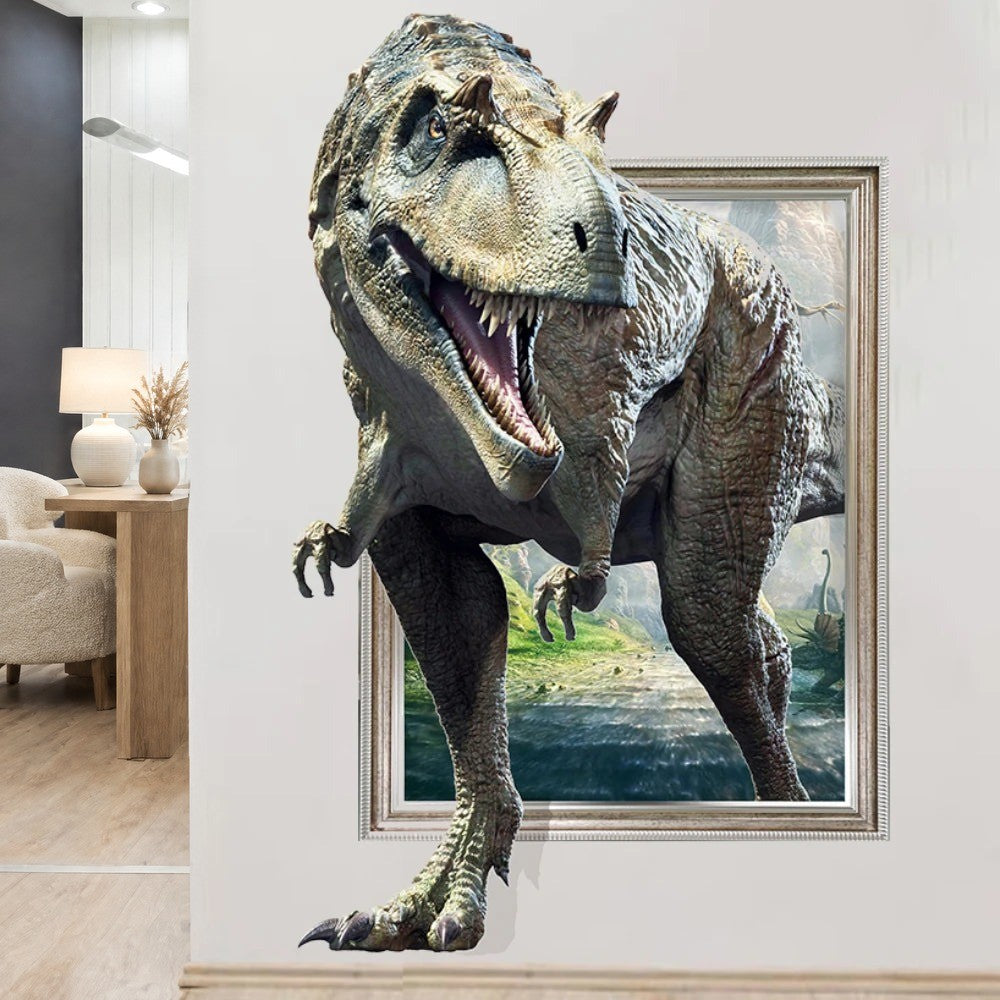 Sticker mural 3D trompe-l'œil T-Rex sortant d'un cadre, posé sur un mur de salon à côté d'une console en bois et d'un fauteuil en bouclette