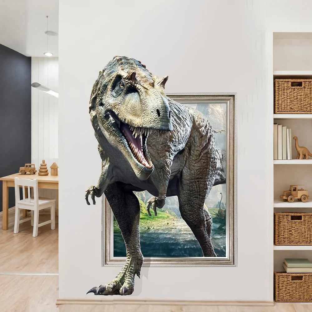 T-Rex gueule ouverte en trompe-l'œil qui sort d'un tableau imprimé, sticker posé près d'une étagère à paniers tressés de chambre de garçon