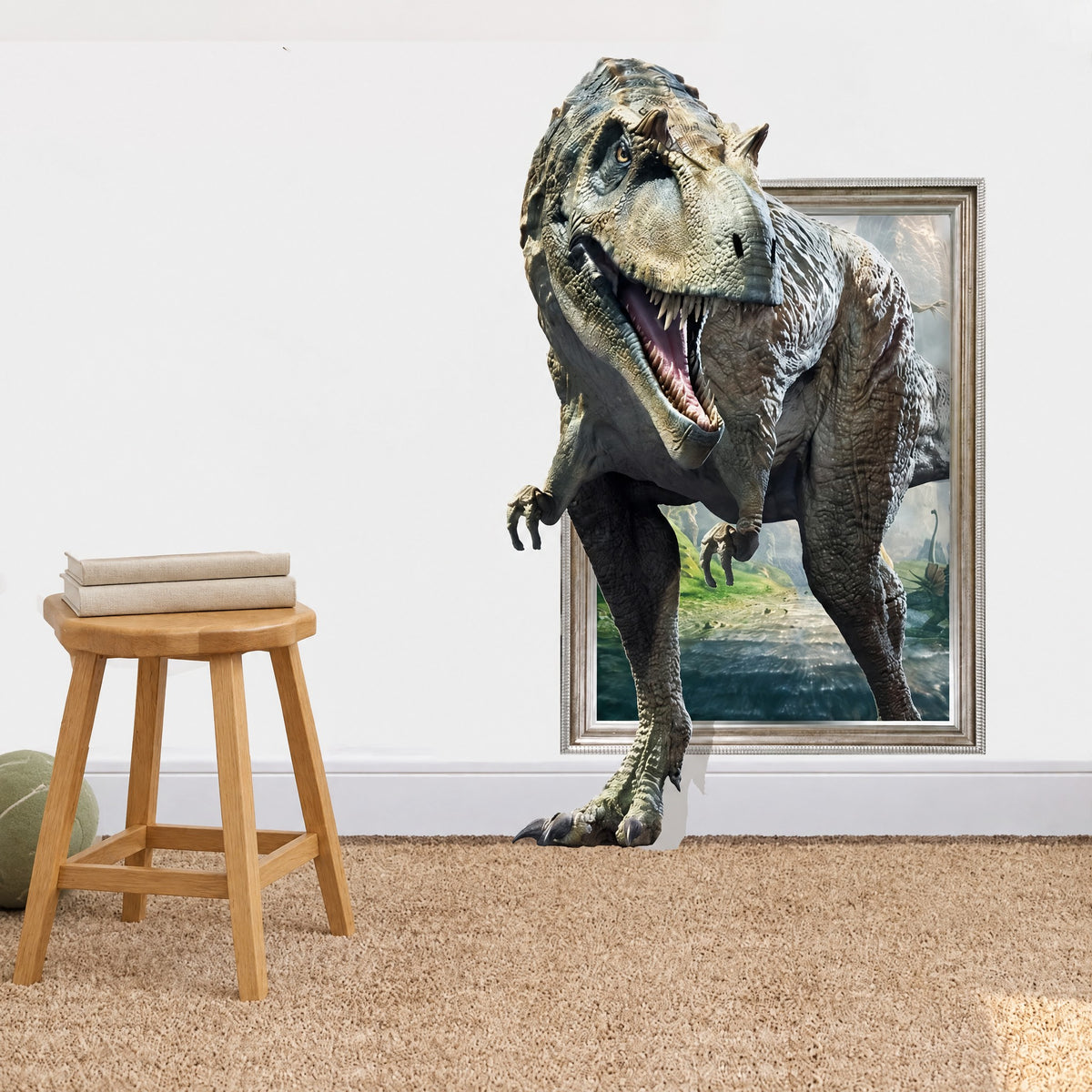 Sticker mural T-Rex sortant du cadre au ras du sol, à côté d'un tabouret en chêne clair dans une chambre de garçon