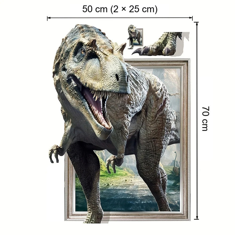 Der gelieferte Bogen im Vergleich zum Motiv an der Wand: Wandtattoo 3D Trompe-l'Œil T-Rex tritt aus dem Rahmen fürs Wohnzimmer