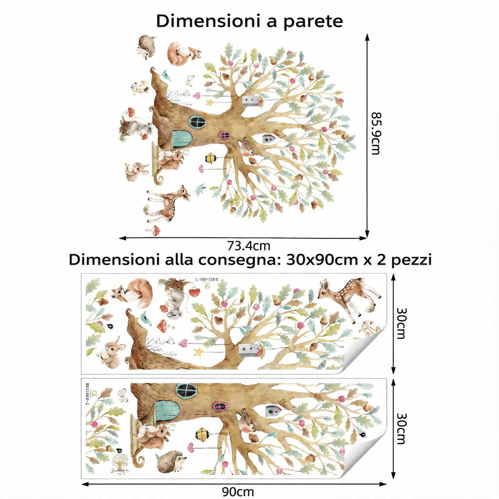 Adesivo murale albero d'autunno con animali del bosco - Dimensioni