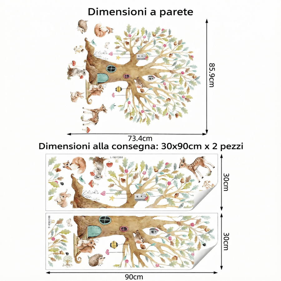 Il foglio che ricevi a confronto con il motivo applicato: Adesivo murale albero d'autunno con animali del bosco