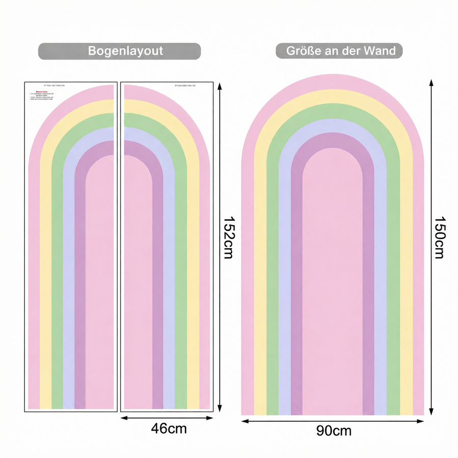 Der gelieferte Bogen im Vergleich zum Motiv an der Wand: Wandtattoo Bogen in Regenbogenfarben
