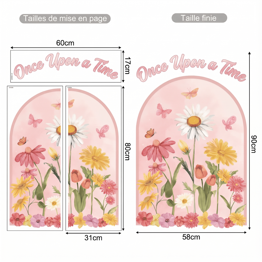 Comparaison entre la planche reçue et le motif posé : Sticker Mural Arche Floral avec Message