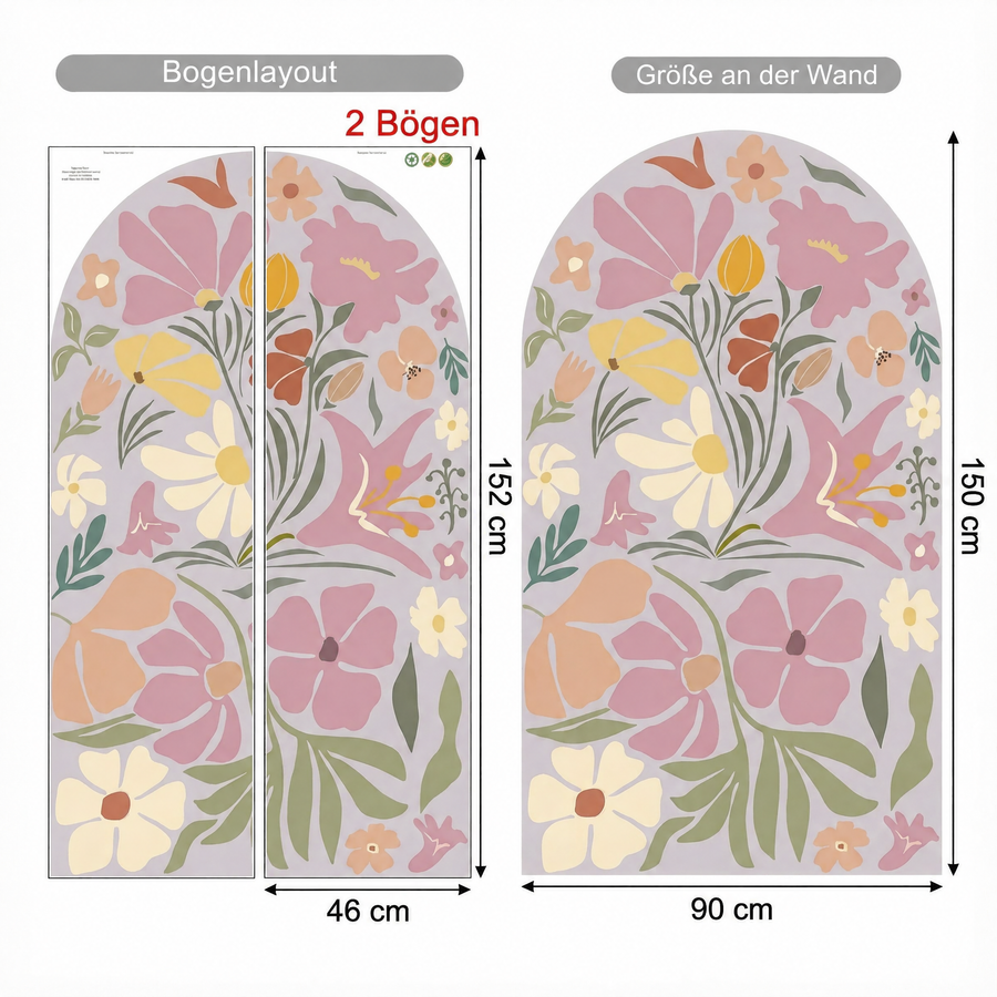 Der gelieferte Bogen im Vergleich zum Motiv an der Wand: Wandtattoo Moderner Blumenbogen