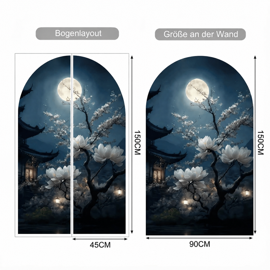 Der gelieferte Bogen im Vergleich zum Motiv an der Wand: Wandtattoo Bogen Japanischer Tempel bei Nacht