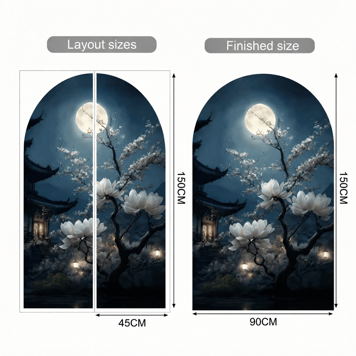 Japanese Temple at Night Arch Wall Sticker - dimensions