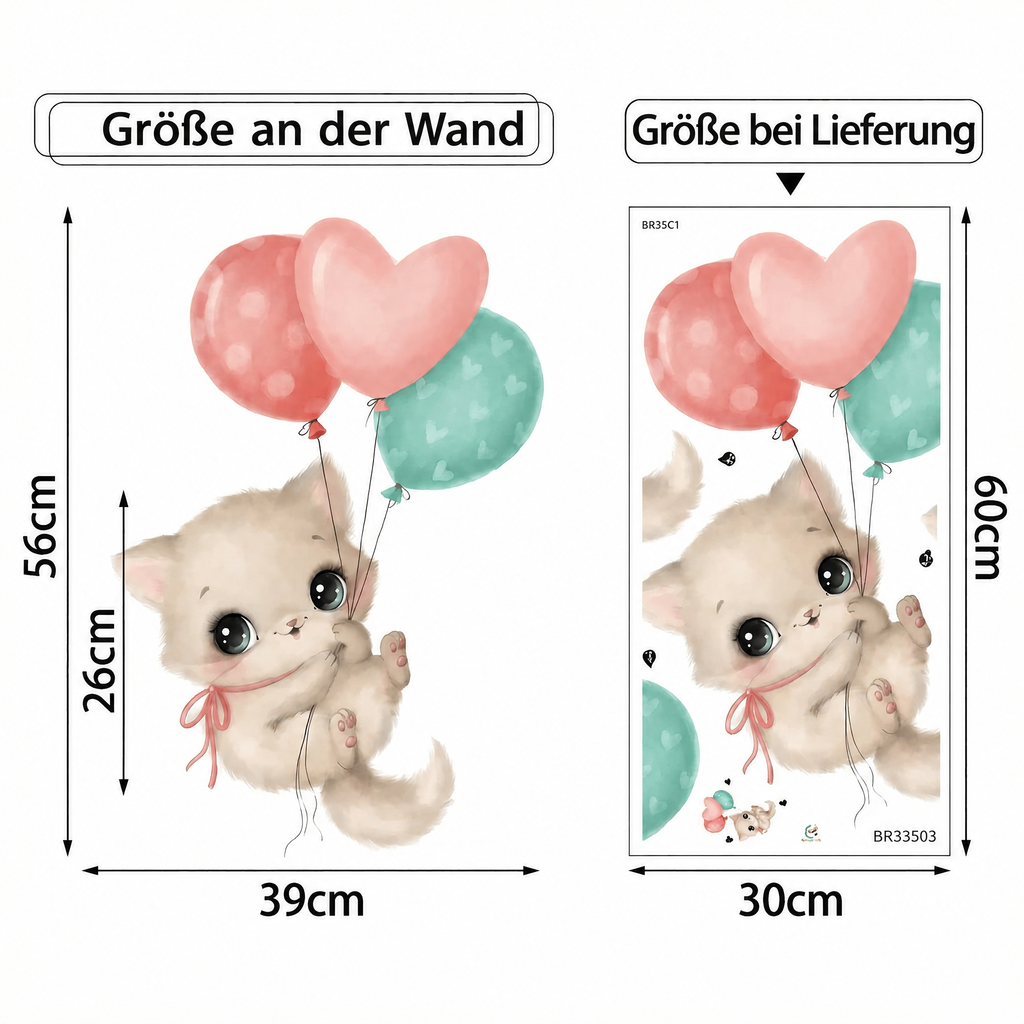 Wandtattoo Kawaii-Katze mit Luftballons - Maße