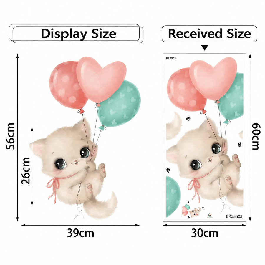 The sheet you receive compared with the design on the wall: Kawaii Cat with Balloons Wall Sticker