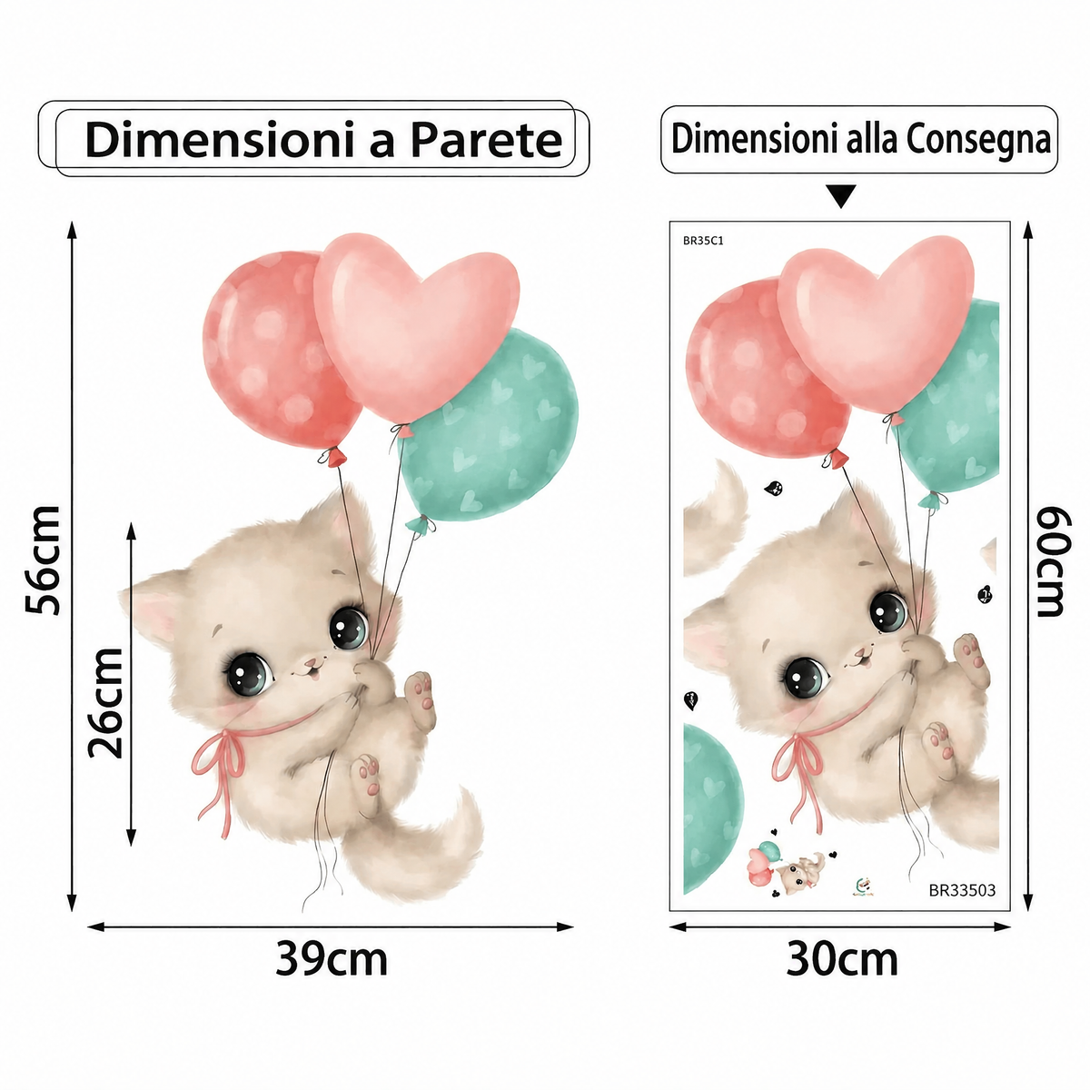 Adesivo murale gatto kawaii con palloncini - Dimensioni