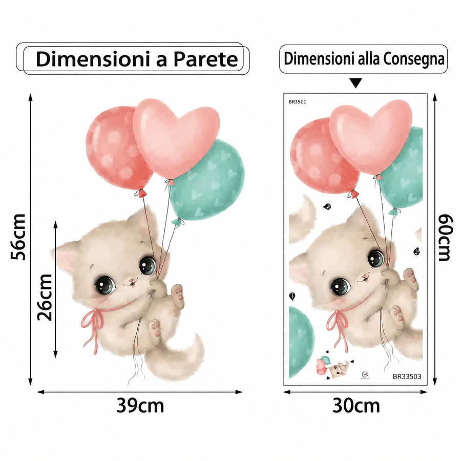 Il foglio che ricevi a confronto con il motivo applicato: Adesivo murale gatto kawaii con palloncini