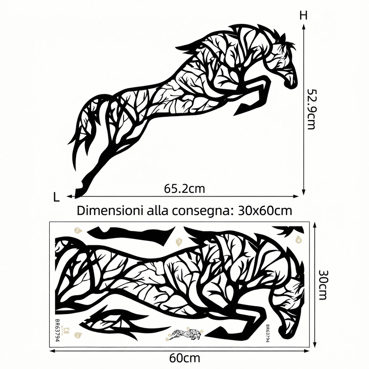 Adesivo murale cavallo con albero - Dimensioni