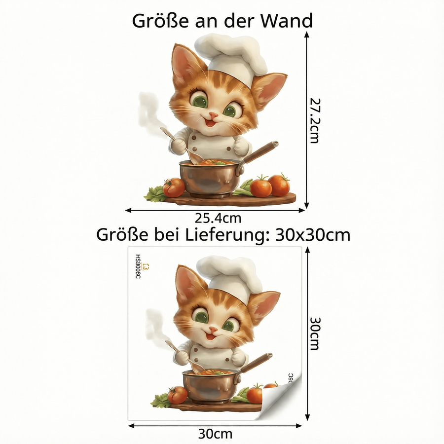 Der gelieferte Bogen im Vergleich zum Motiv an der Wand: Wandtattoo Katze als Koch für die Küche