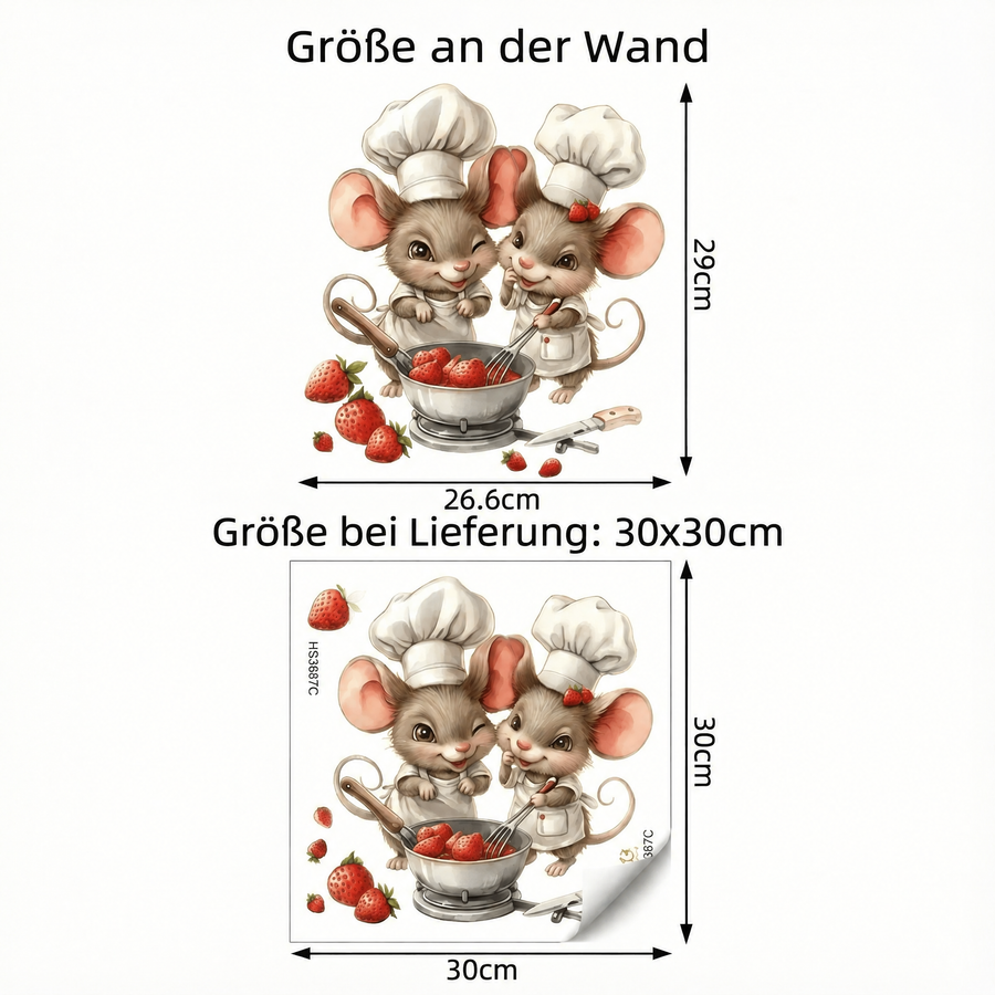 Der gelieferte Bogen im Vergleich zum Motiv an der Wand: Wandtattoo Mäuse als Köche für die Küche