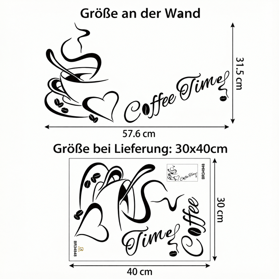 Der gelieferte Bogen im Vergleich zum Motiv an der Wand: Wandtattoo Kaffee-Ecke für die Küche