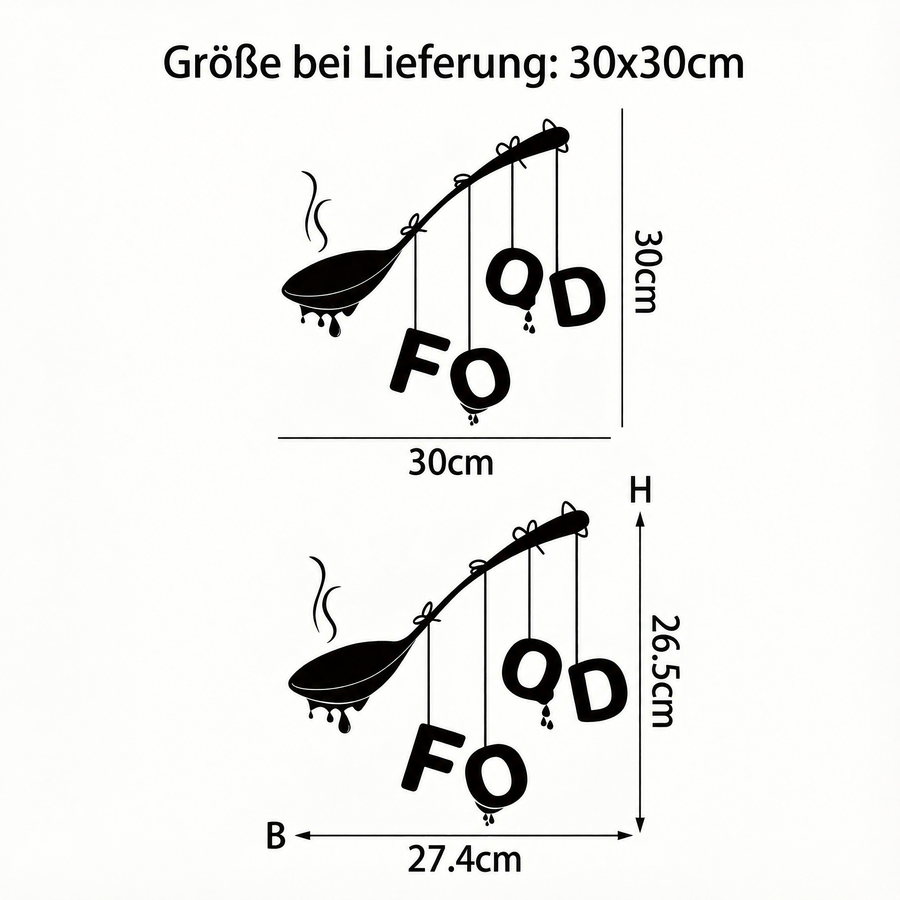 Der gelieferte Bogen im Vergleich zum Motiv an der Wand: Wandtattoo Food-Schriftzug mit Löffel