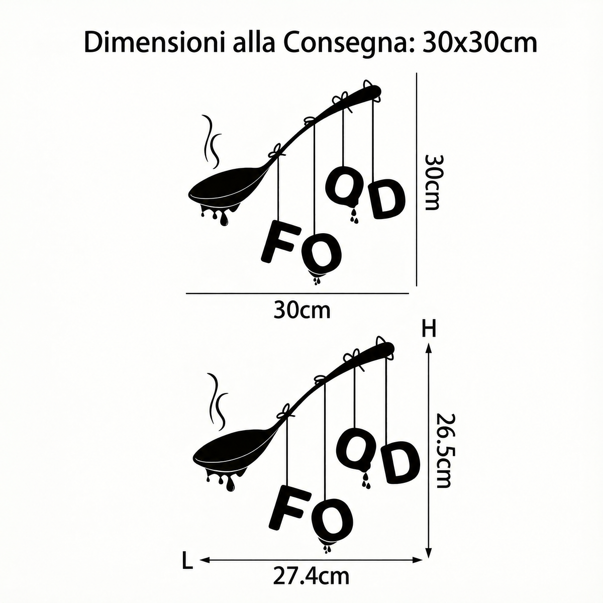 Adesivo murale scritta Food con cucchiaio - Dimensioni