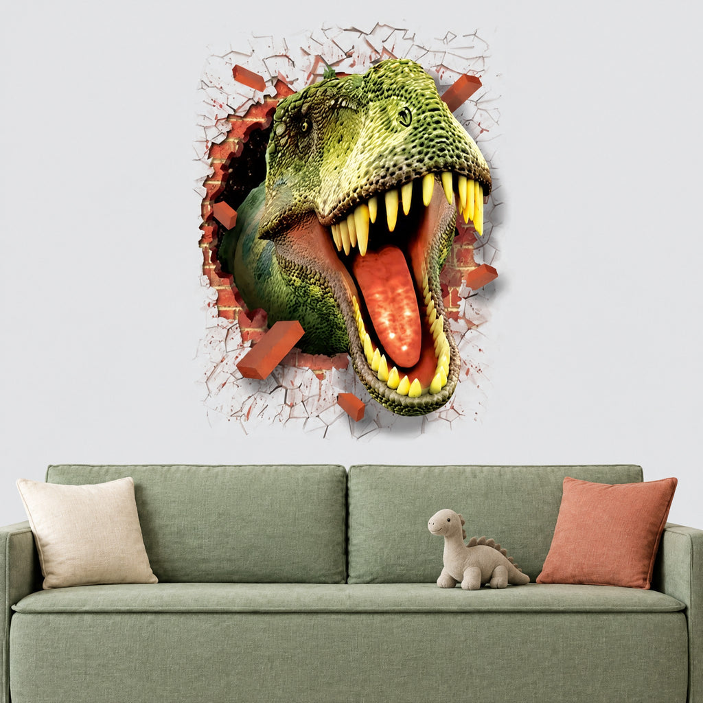 Sticker mural tête de T-Rex vert gueule ouverte sortant d'un mur de briques cassé, au-dessus d'un canapé vert sauge dans une salle de jeux de garçon