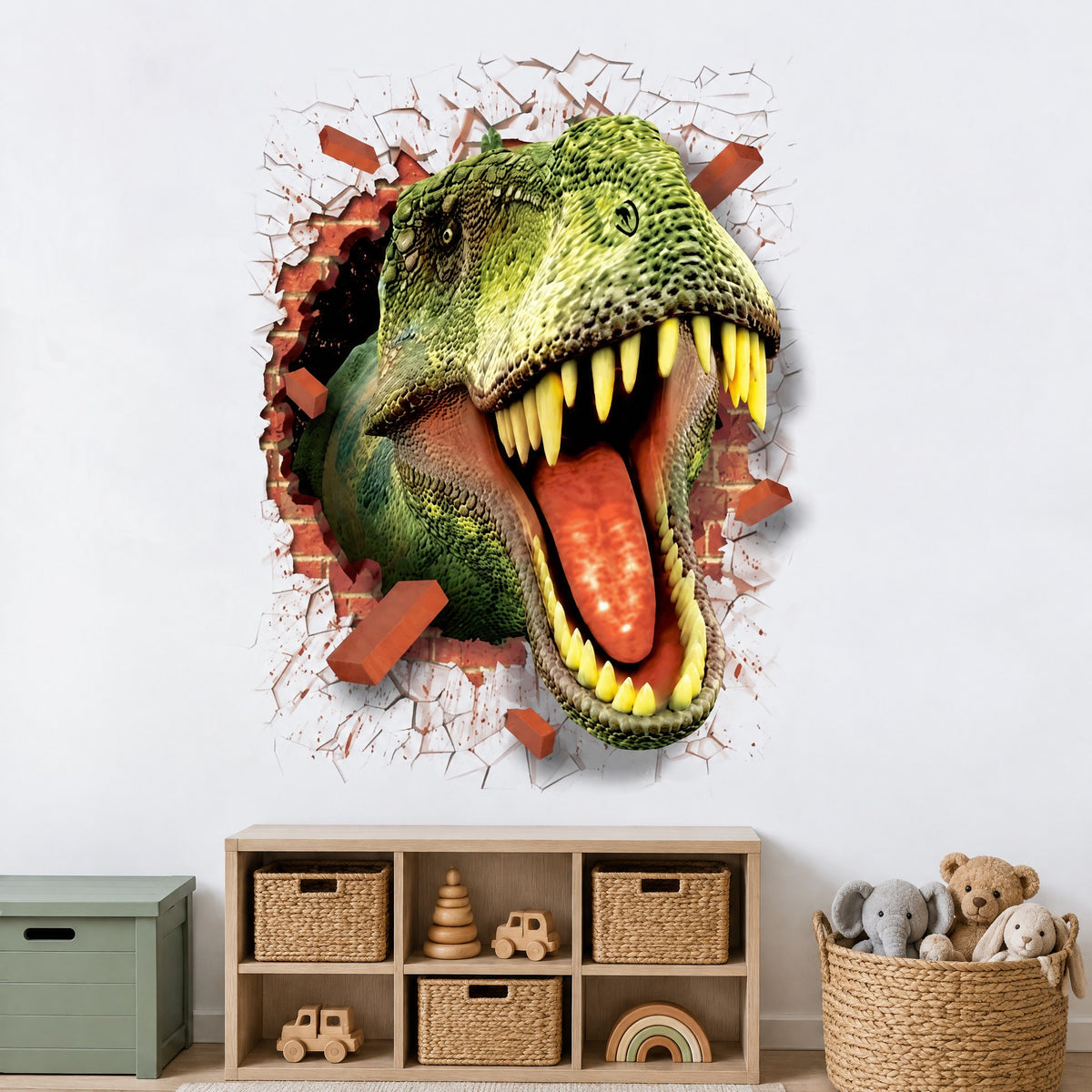 Sticker tête de T-Rex en trompe-l'œil 3D sur un mur blanc au-dessus d'un meuble de rangement en bois clair à paniers tressés