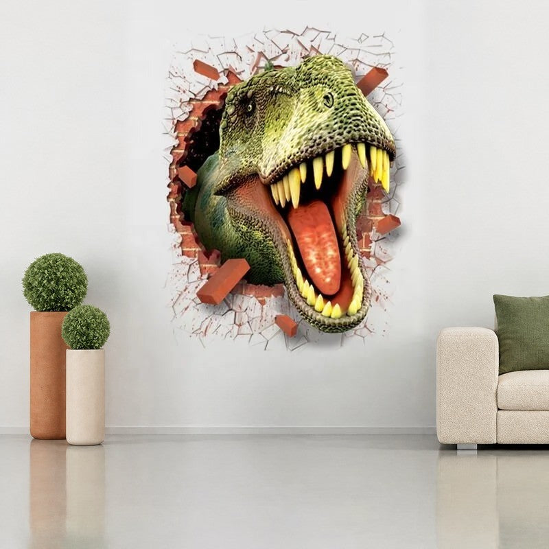 Sticker mural T-Rex sortant d'un mur de briques dans une salle de jeux avec fauteuil en bouclette crème et plantes en pot