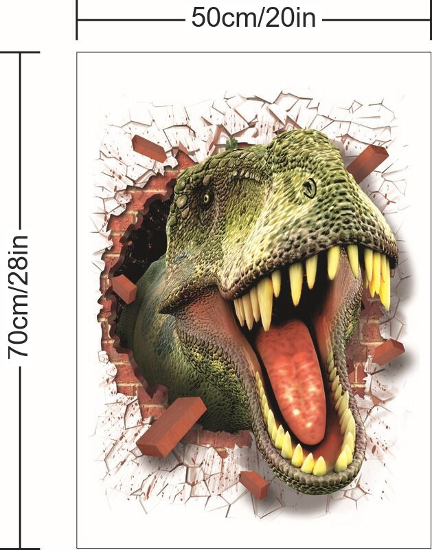 The sheet you receive compared with the design on the wall: 3D Dinosaur Wall Sticker, T-Rex Head Bursting from a Brick Wall