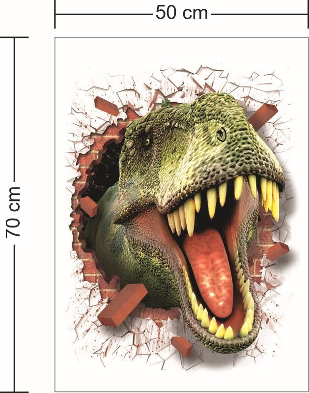 Il foglio che ricevi a confronto con il motivo applicato: Adesivo murale dinosauro effetto 3D, testa di T-Rex che sbuca da un muro di mattoni