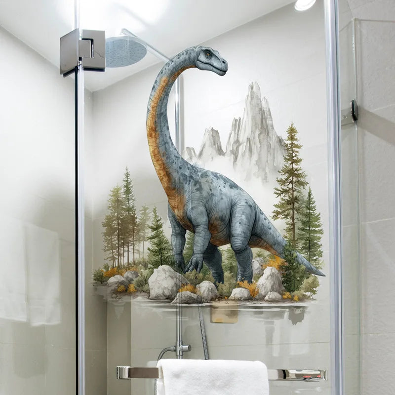 Sticker brachiosaure, sapins et montagnes collé sur la paroi vitrée d'une douche