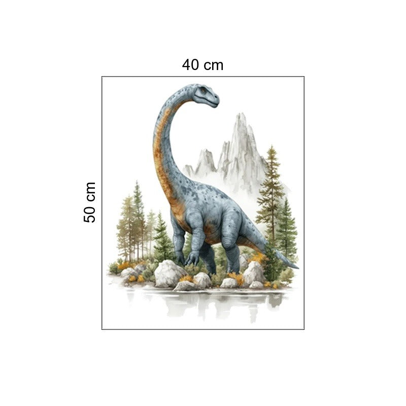 Der gelieferte Bogen im Vergleich zum Motiv an der Wand: Wandtattoo Dinosaurier Brachiosaurus mit Bergen in Aquarell