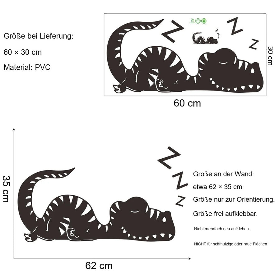 Der gelieferte Bogen im Vergleich zum Motiv an der Wand: Wandtattoo Schlafender Dinosaurier Zzz fürs Bett-Kopfteil im Jungenzimmer