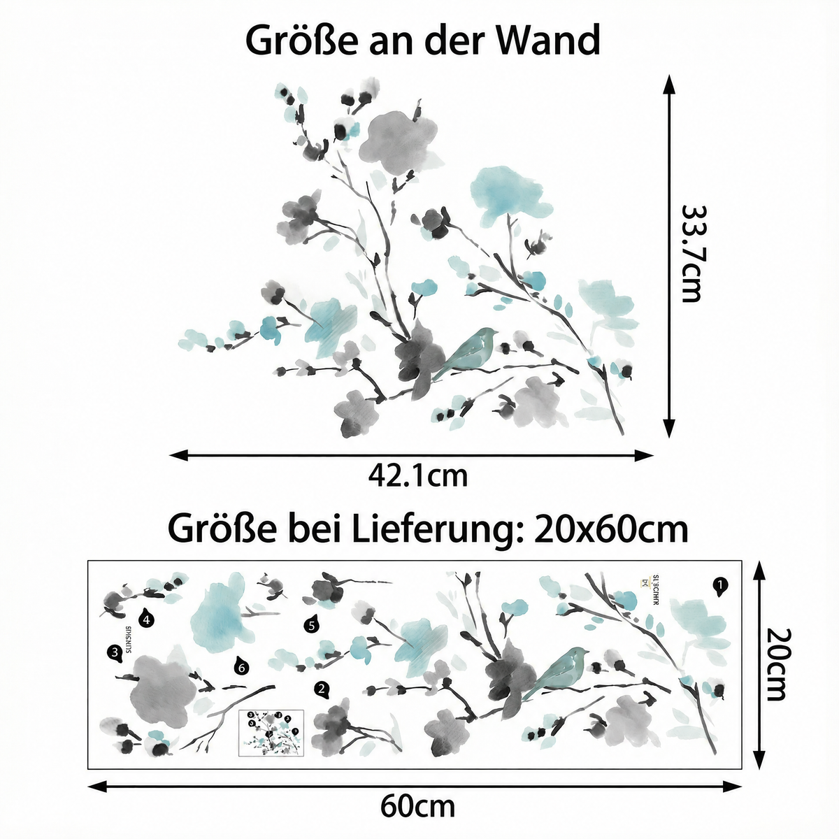 Wandtattoo Blütenzweige in Aquarell - Maße