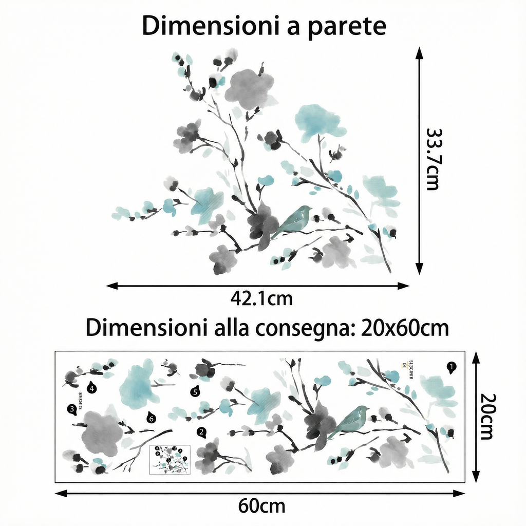 Adesivo murale rami fioriti ad acquerello - Dimensioni