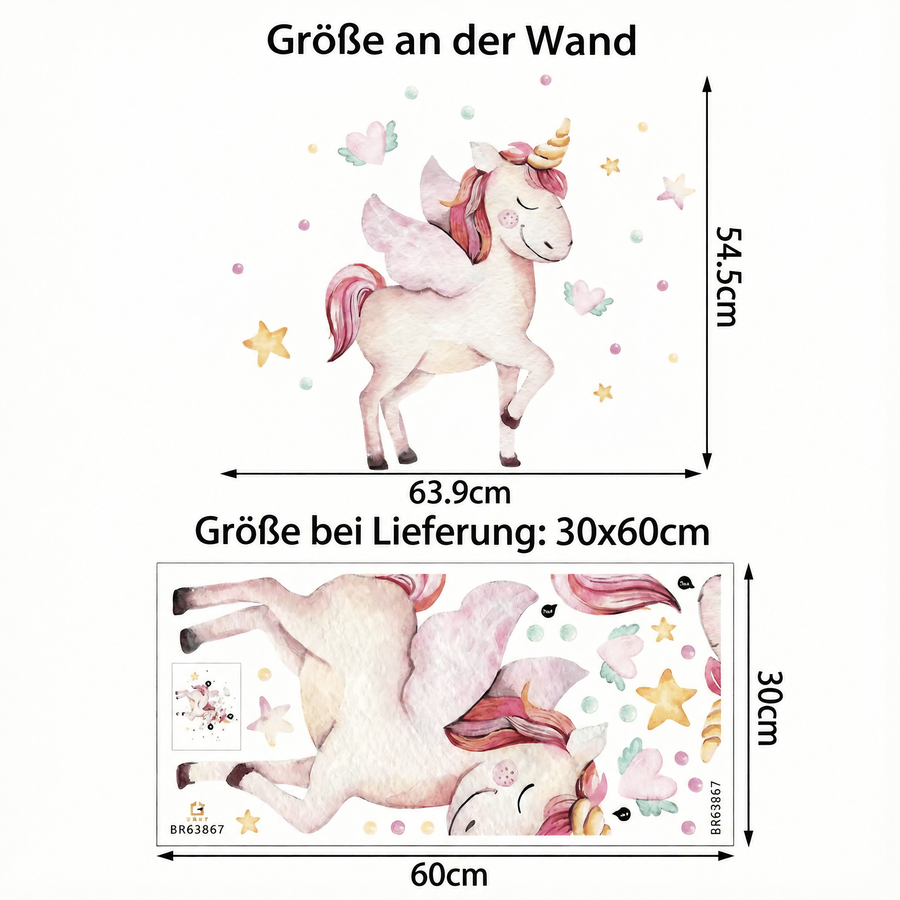 Der gelieferte Bogen im Vergleich zum Motiv an der Wand: Wandtattoo Einhorn mit Flügeln