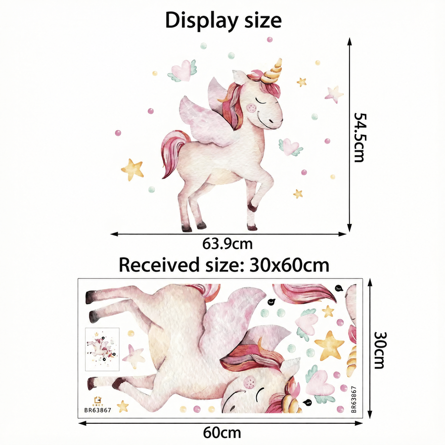 The sheet you receive compared with the design on the wall: Winged Unicorn Wall Sticker