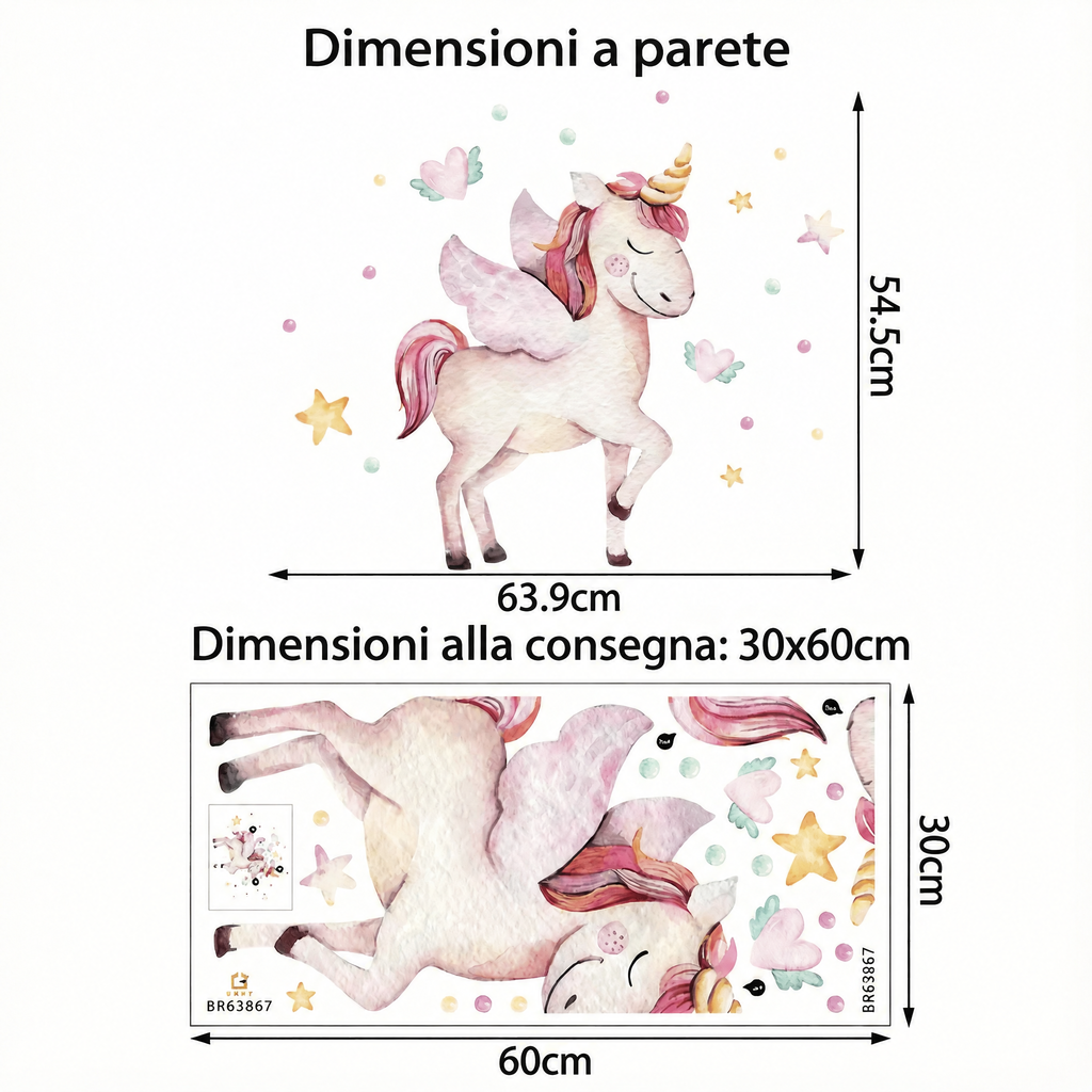 Adesivo murale unicorno alato - Dimensioni