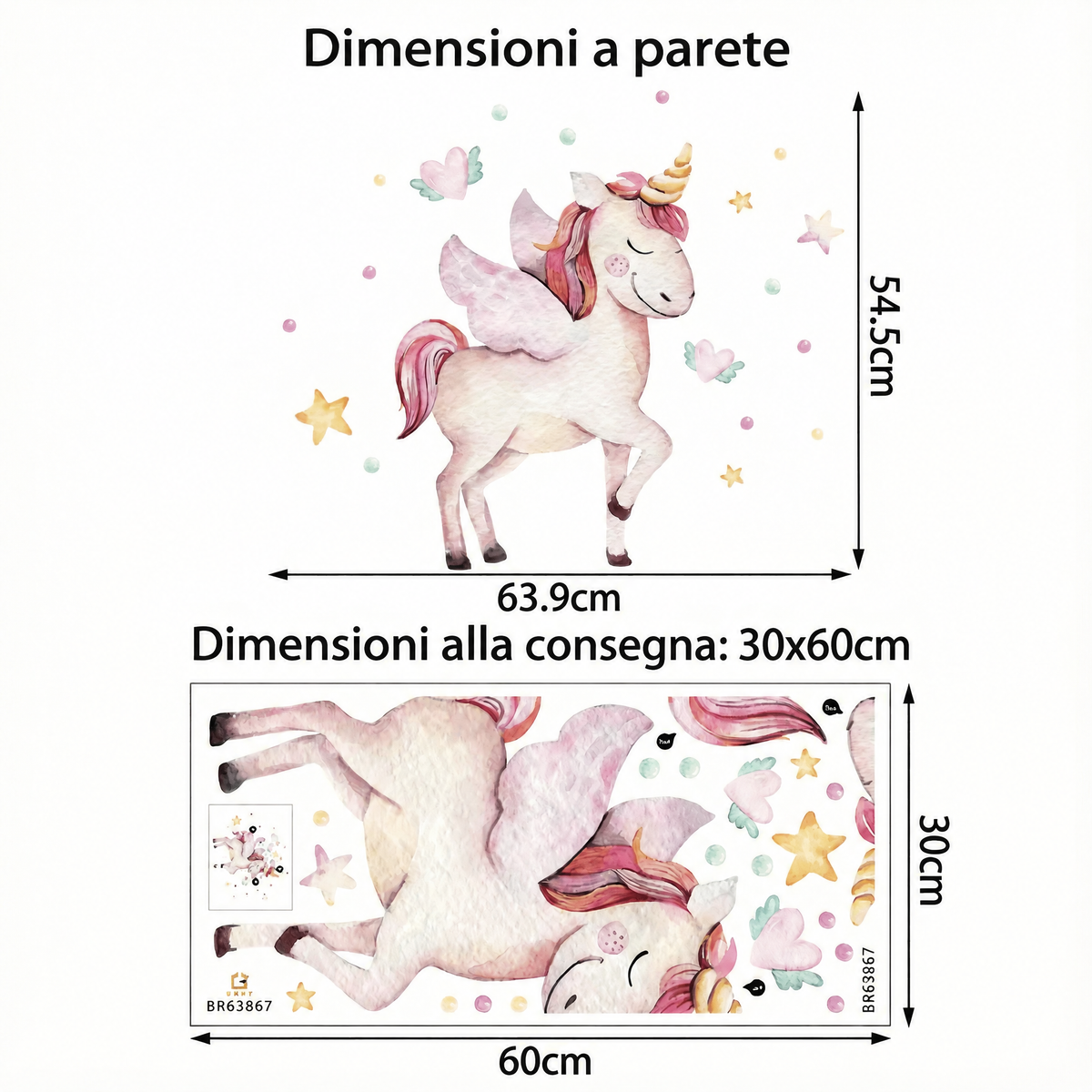 Adesivo murale unicorno alato - Dimensioni