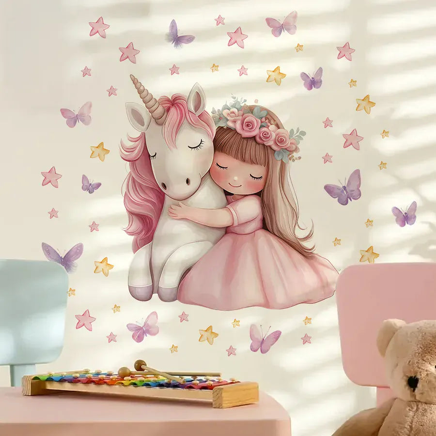 Sticker Mural Licorne avec Petite Fille
