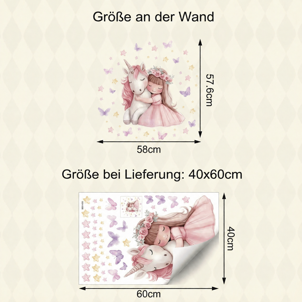 Wandtattoo Einhorn mit kleinem Mädchen - Maße