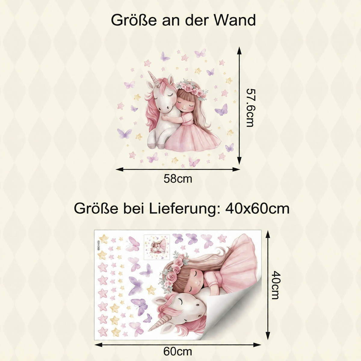 Wandtattoo Einhorn mit kleinem Mädchen - Maße