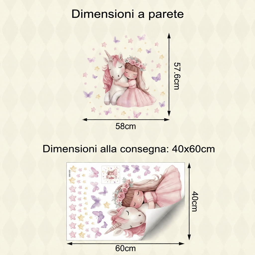 Adesivo murale unicorno con bambina - Dimensioni